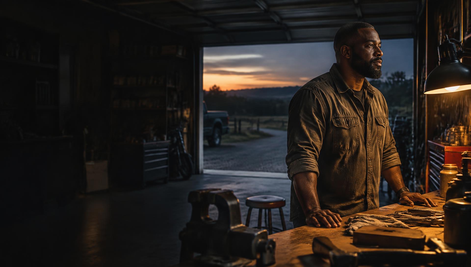 A thoughtful man standing at his workbench in a quiet garage at dusk